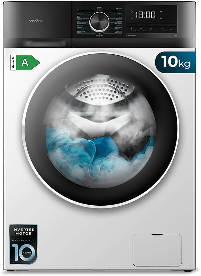 Cecotec Lavadora & secadora - 2 EN 1 - 10kg Bolero Dresscode 10500 Inverter A, Carga Frontal, 1950 W, 1400 rpm, Motor Inverter Plus, Bajo Consumo, 16 Programas, Lavado a Vapor, Inicio Diferido, Blanco