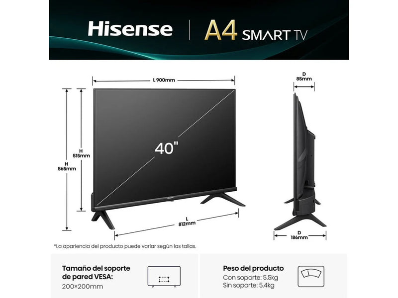 TV HISENSE 40A4Q (LED - 40'' - 102 cm - Full HD - Smart TV)