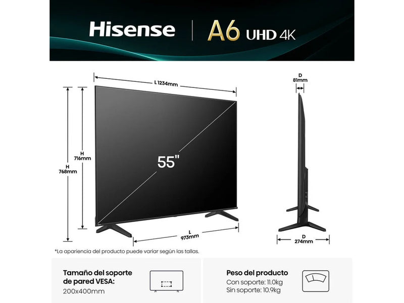 TV HISENSE 55A6Q (LED - 55'' - 139 cm - 4k Ultra HD - Smart TV)